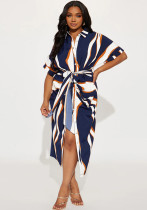 Plus Size Women's Turndown Collar Short Sleeve Striped Lace-Up Long Dress Plus Size Women's Turndown Collar Short Sleeve Striped Lace-Up Long Dress