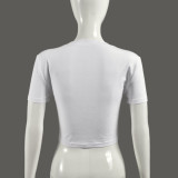 Women summer patchwork tassel contrast color crop round neck t-shirt