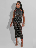 Women Summer Sexy Beaded See-Through Zipper Dress
