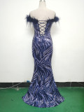 Fishbone Slim Waist Off Shoulder Feather Sequined Evening Dress
