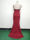 Feather Strap Slim Waist Solid Color Slit Evening Dress