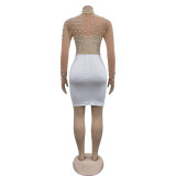 Women solid mesh beaded long-sleeved mini dress
