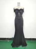 Feather Strapless Herringbone Slim Waist Solid Color Slit Evening Dress