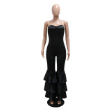 Women sexy Strapless Solid pleated lace Jumpsuit