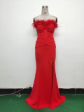 Feather Strapless Herringbone Slim Waist Solid Color Slit Evening Dress