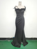 Feather Strap Slim Waist Solid Color Slit Evening Dress