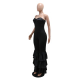 Women sexy Strapless Solid pleated lace Jumpsuit
