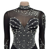 Women solid mesh beaded long-sleeved mini dress