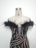 Fishbone Slim Waist Off Shoulder Feather Sequined Evening Dress
