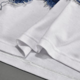 Women summer patchwork tassel contrast color crop round neck t-shirt