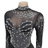 Women solid mesh beaded long-sleeved mini dress