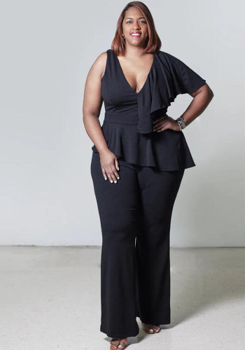 Women's Ruffled Patchwork Wide-Leg Casual Plus Size Jumpsuit