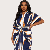 Plus Size Women's Turndown Collar Short Sleeve Striped Lace-Up Long Dress