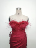 Feather Strap Slim Waist Solid Color Slit Evening Dress