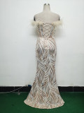 Fishbone Slim Waist Off Shoulder Feather Sequined Evening Dress