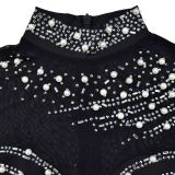 Women solid mesh beaded long-sleeved mini dress