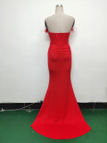 Feather Strapless Herringbone Slim Waist Solid Color Slit Evening Dress