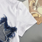 Women summer patchwork tassel contrast color crop round neck t-shirt