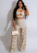 Women sexy suspender Top And hollow wide-leg pants two-piece set