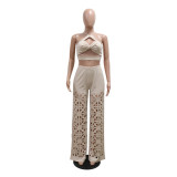 Women sexy suspender Top And hollow wide-leg pants two-piece set