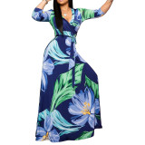 Women Flower Tie-dye Sexy V-neck Half-Sleeve Maxi Dress
