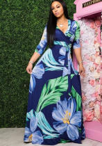 Women Flower Tie-dye Sexy V-neck Half-Sleeve Maxi Dress Women Flower Tie-dye Sexy V-neck Half-Sleeve Maxi Dress