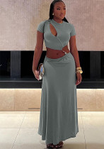 Women summer Cut Out beaded short sleeve Crop Top and Long Skirt two-piece set Women summer Cut Out beaded short sleeve Crop Top and Long Skirt two-piece set