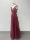Patchwork Elastic Waist Sleeveless Double V Neck Evening Gown with Embroidered Tulle Elegant Long Swing Party Dress