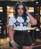 Women summer patchwork tassel contrast color crop round neck t-shirt