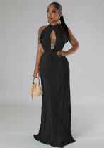 Women's Sexy Solid Color Halter Low Back Pleated Dress