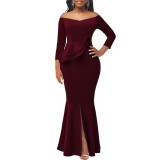 Sexy Fashion Solid Off Shoulder Slit Women's Evening Dress