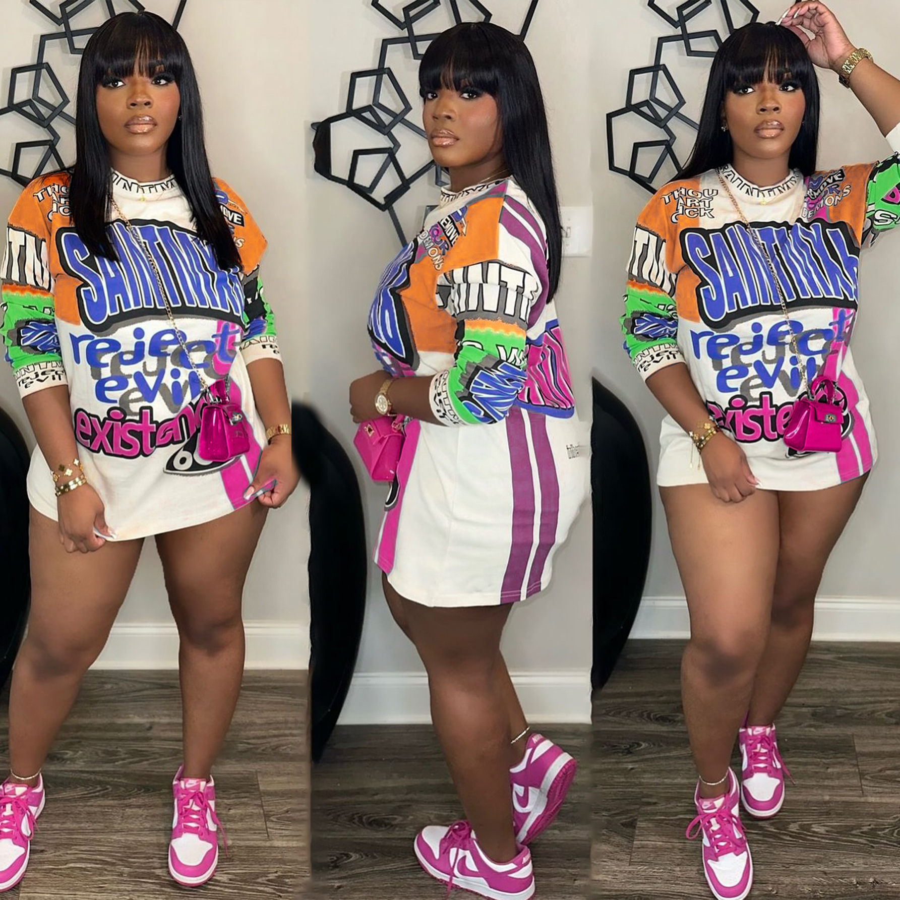 Contrast Patchwork Graffiti Letter Long-Sleeve T-Shirt Dress