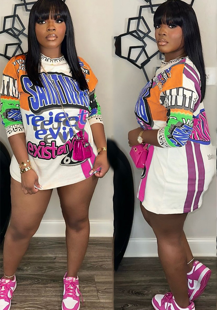 Contrast Patchwork Graffiti Letter Long-Sleeve T-Shirt Dress