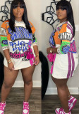 Contrast Patchwork Graffiti Letter Long-Sleeved T-Shirt Dress Autumn Loose Top