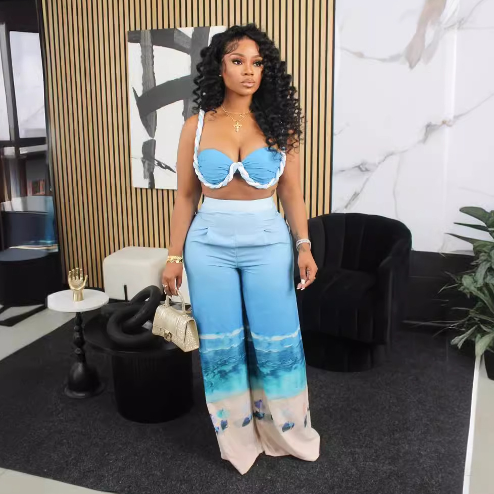 Sexy Strap Bra Top Print Trousers Two-Piece Nightclub Clothes