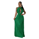 Women's Sexy Solid Color Halter Low Back Pleated Dress