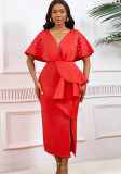 Summer Sexy V-Neck Ruffle Slit Beaded Evening Dress Chic Formal Party Gown