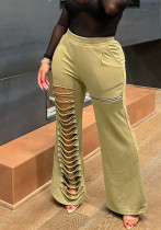 Women Fashion Style Summer Hollow Zipper Pocket Loose Casual Pants