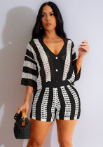 Women's Sexy Ladies Hollow See-Through Turndown Collar Knitting Two Piece Shorts Set