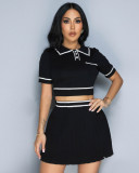 Fashion Print Style Round Neck Short Sleeve  Knitting Top Pleated Skirt Women Two-Piece Set