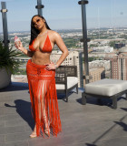 Women's Crochet Solid Color Bikini Top Tassel Beach Skirt Two Piece Set