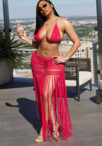 Women's Crochet Solid Color Bikini Top Tassel Beach Skirt Two Piece Set Women's Crochet Solid Color Bikini Top Tassel Beach Skirt Two Piece Set