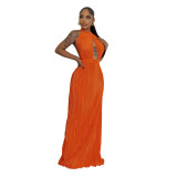 Women's Sexy Solid Color Halter Low Back Pleated Dress