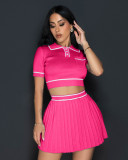 Fashion Print Style Round Neck Short Sleeve  Knitting Top Pleated Skirt Women Two-Piece Set