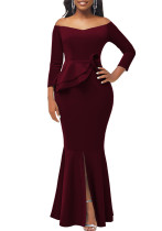 Sexy Fashion Solid Off Shoulder Slit Women's Evening Dress Sexy Fashion Solid Off Shoulder Slit Women's Evening Dress