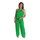Summer Sexy Halter Neck Low Back Sleeveless Ruffle Women Two Piece Pants Set
