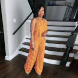 Summer Sexy Halter Neck Low Back Sleeveless Ruffle Women Two Piece Pants Set