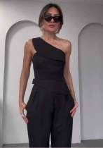 Summer Slash Shoulder Halter Neck Slim Top High Waist Straight Pants Set Summer Slash Shoulder Halter Neck Slim Top High Waist Straight Pants Set