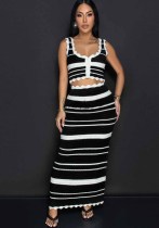Women Striped Casual Tank Top Beach Bohemian Contrast Skirt Knitting Two-Piece Set Women Striped Casual Tank Top Beach Bohemian Contrast Skirt Knitting Two-Piece Set