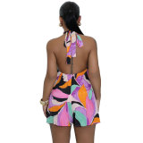 Summer Women's Print Halter Low Back Casual Jumpsuit